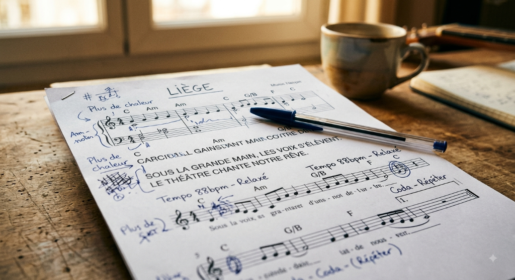 Feuille de paroles de chanson annotée à la main lors d'un travail d'interprétation